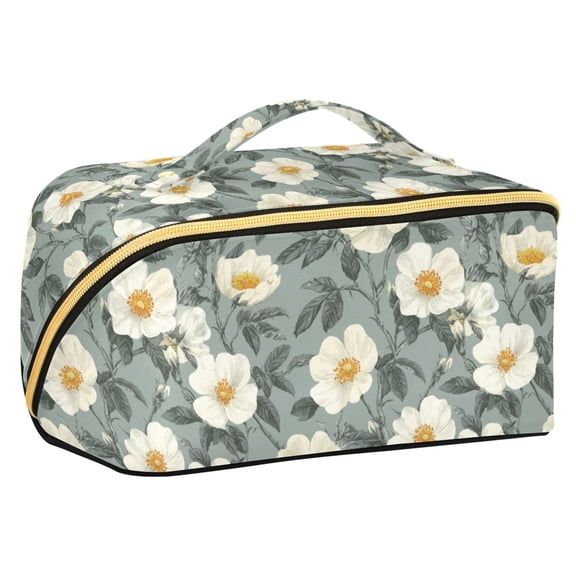 FORMRS Makeup Bag Travel Cosmetic Organizer for Women Fold Flat Zipper Pouch with Handle, Sage Green Flower Pattern