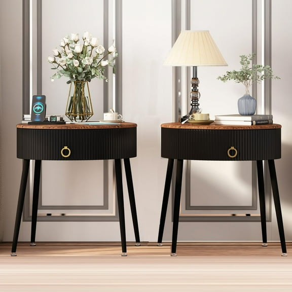 ASYA Black Metal End Table Set of 2, Wood Nightstand Side Table with Drawer, Round Accent Table for Home Living Room Bedroom, 20.63''H