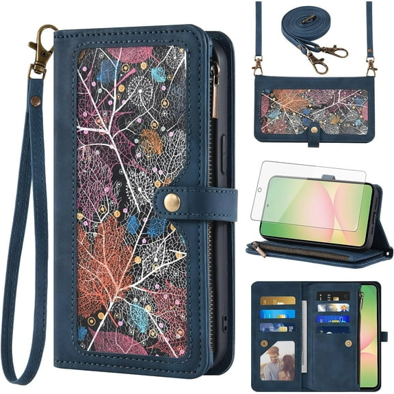 Asuwish Phone Case for Samsung Galaxy A56 5G Wallet Cover With Tempered Glass Screen Protector Crossbody Wrist Strap Flip Pattern Zipper Credit Card Holder Stand Slot Cell A 56 56A LTE Women Men Blue