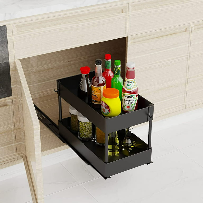 Jetlifee Pull Out Cabinet Organizer, Two Tier Under Sink Pantry Shelves  Sliding Drawer Storage for Cabinet Organization 8 1/2W x 15 3/4D x 11H  Black 