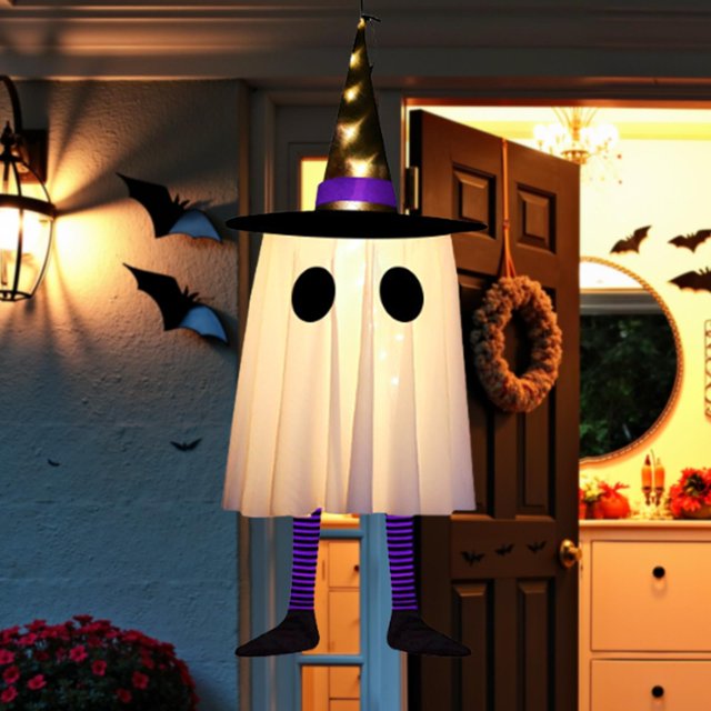 Fantasma colgante, luz de sombrero para decoración de Halloween, fantasma brillante creativo, decoración colgante para exteriores para jardín, patio, Violeta