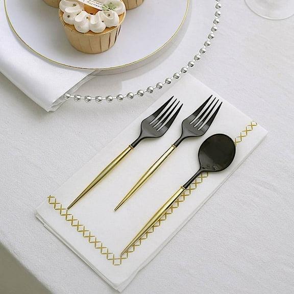 BalsaCircle 24 Black Gold Disposable 6" Premium Plastic Cutlery Spoons Forks Set Party Events Tableware Decorations