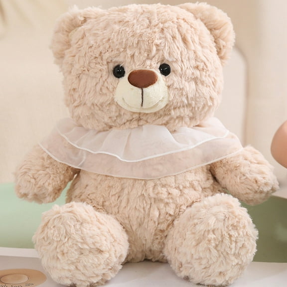 13in Bear Plush Doll with Lace Scarf, Cute Stuffed Animal with Big Eyes and Soft Cozy Polyester Fabric, Adorable Cuddly Plushie for Kids Boys Girls, Soothing Sleep Pillow, Birthday Holiday Gift Toy