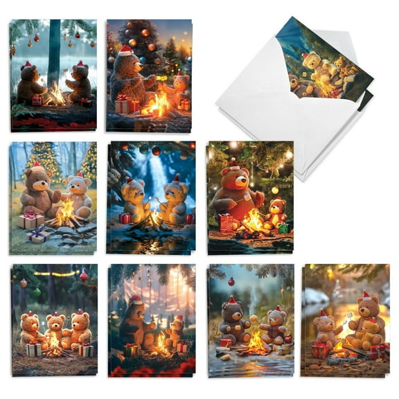 The Best Card Company 20 Assorted Christmas Notecards set 4 x 5.12 Inch with Envelopes (10 Designs, 2 Each) Camping Bears AM8726XSG-B2x10