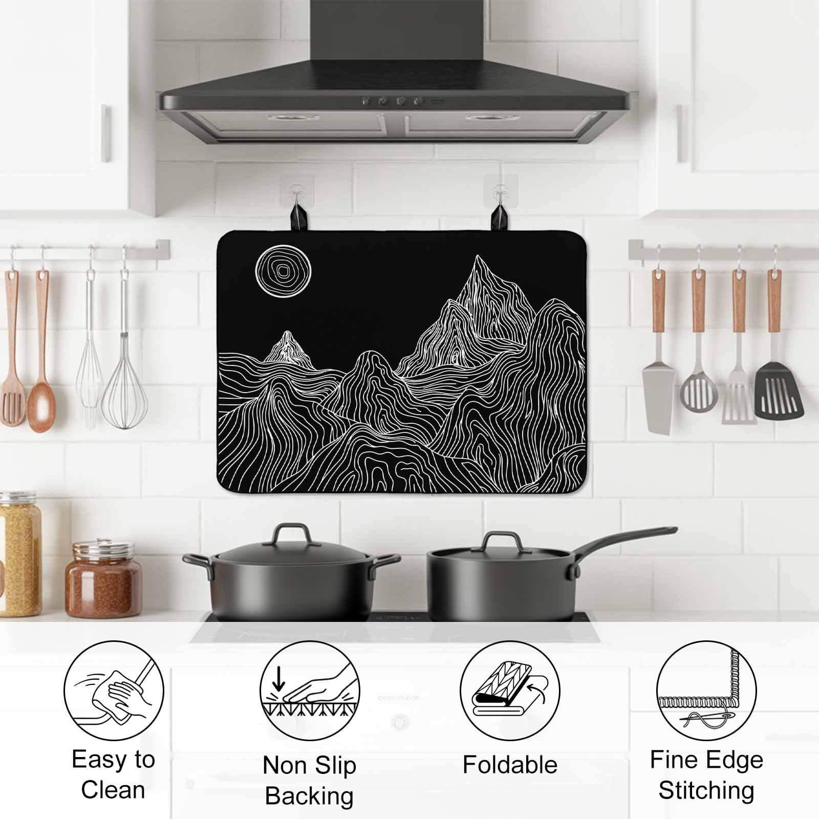 Mountain Line Stove Top Cover for Electric Stove, Heat-proof & Non Slip Glass Top Stove Cover Protector, Minimalist Abstract Landscape Art Sun Black Kitchen Flat Cooktop Rubber Mat 24x21 Inches