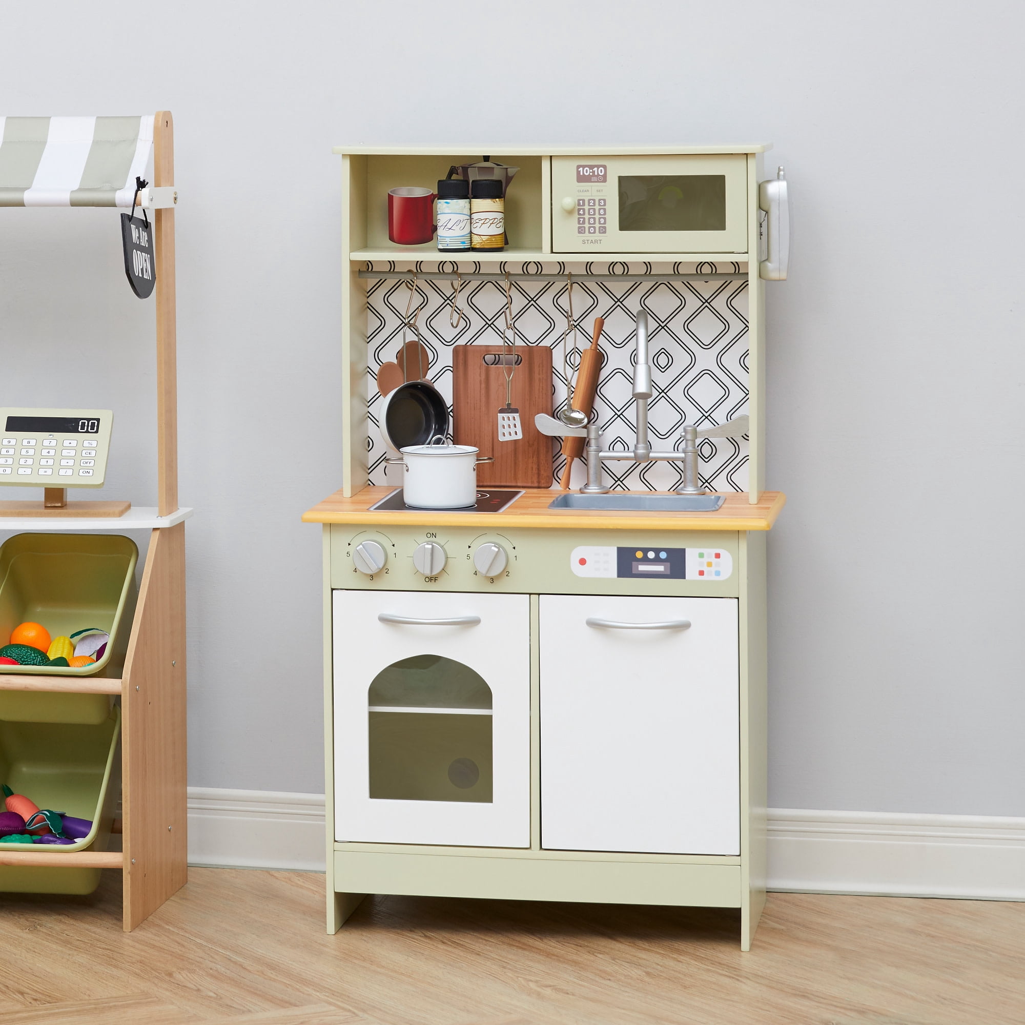 Teamson Kids Little Chef Boston Modern Farmhouse Kitchen Playset with Interactive Features and 9 pc. Accessory Set, Olive Green/White