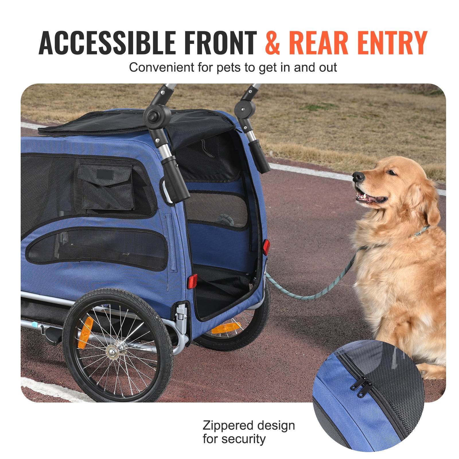 KFFKFF Pet Bike Trailer, Up to 100 lbs Capacity, Dual-Function Dog Stroller and Bike Carrier, Foldable Frame with Snap-On Wheels, Fits All Bikes, Includes Safety Flag and Reflectors, Blue/Black