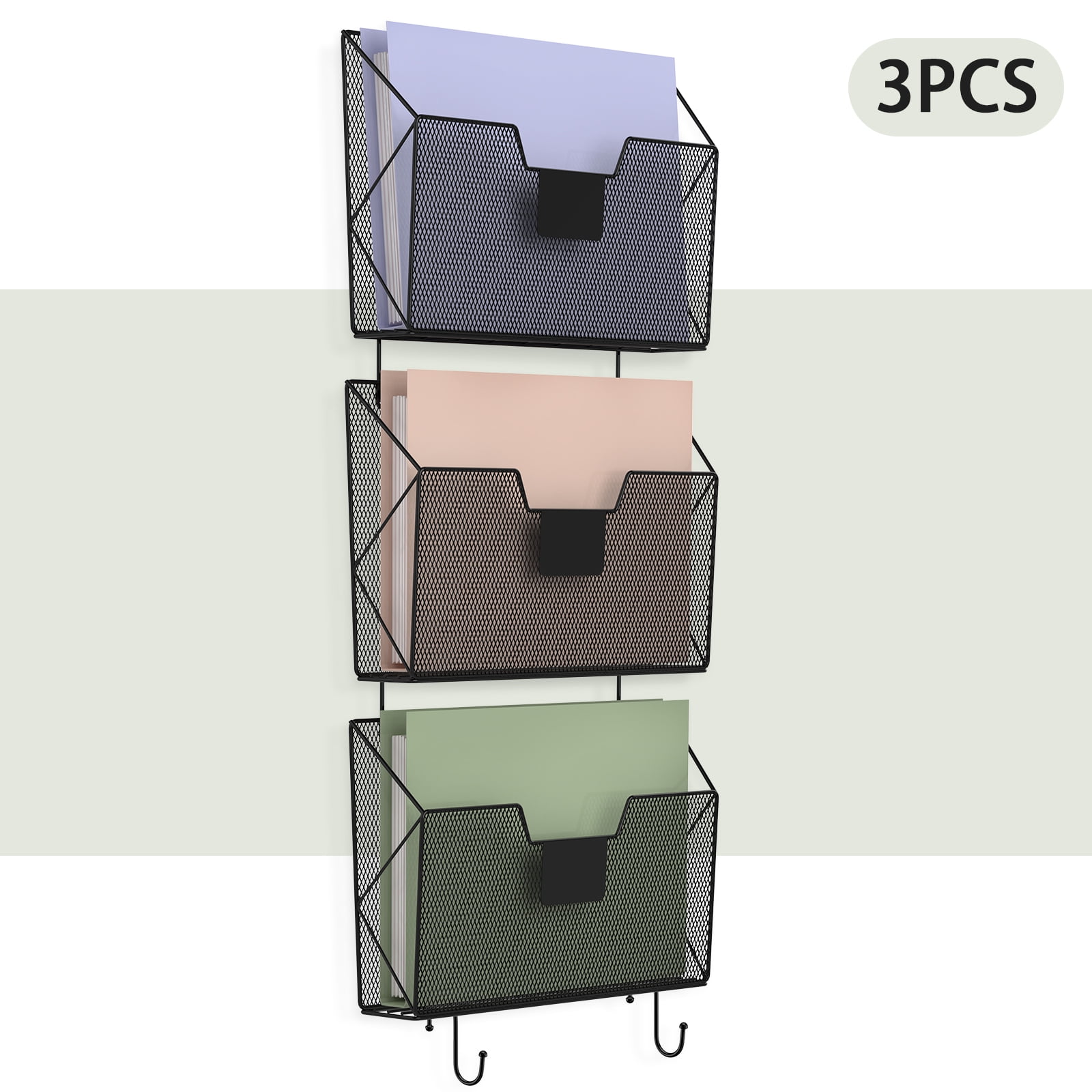 3-Pack Wall Mounted Mesh File Holder, Hanging Document Organizer with Label Slots for Home, Office