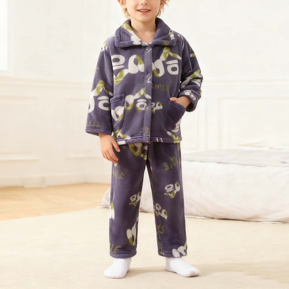 SONGGE Cozy Flannel Lapel Long Sleeve Girls Cute Cartoon Print Kids Loungewear Tops Pants For Cold Weather Toddler Nightwear Outfit Sets Cartoon Boho Clothes Sets