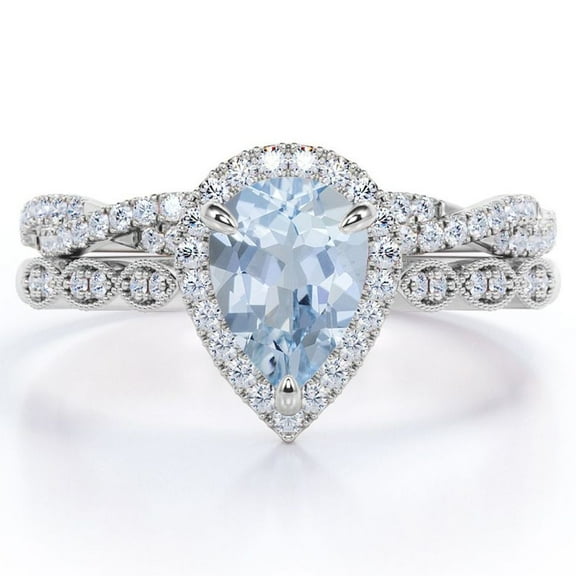 JeenMata Art Deco Filigree Milgrain - 1.5 Carat Almond Shaped Blue Created Aquamarine and Moissanite - Halo Pave Crossover Wedding Set - 18K White Gold Plating over Silver