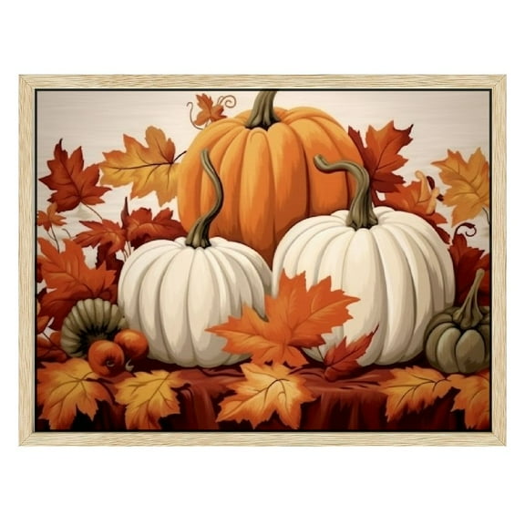 JRXY Autumn Canvas Wall Art Pumpkin Fall Leaf Pictures Thanksgiving Prints Rustic Halloween Decor Framed 16x12 Inches 16x12in