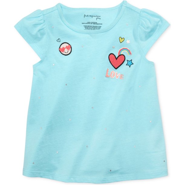 First Impressions camiseta gráfica con estampado de parches para niñas, azul, 9 meses