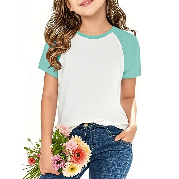 Summer Shirts for Children Boys and Girls Fashion Casual Summer Short Sleeve Crew Neck Solid Color for 3-14 Years Old Mint Green