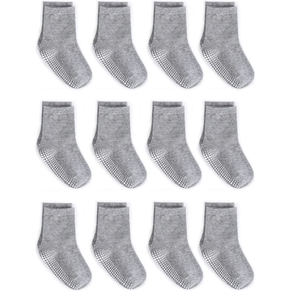 ZAPLES Baby Non Slip Grip Crew Socks with Anti Skid Soles for Infants Toddlers Kids Boys Girls, Gray, 8-10 Years