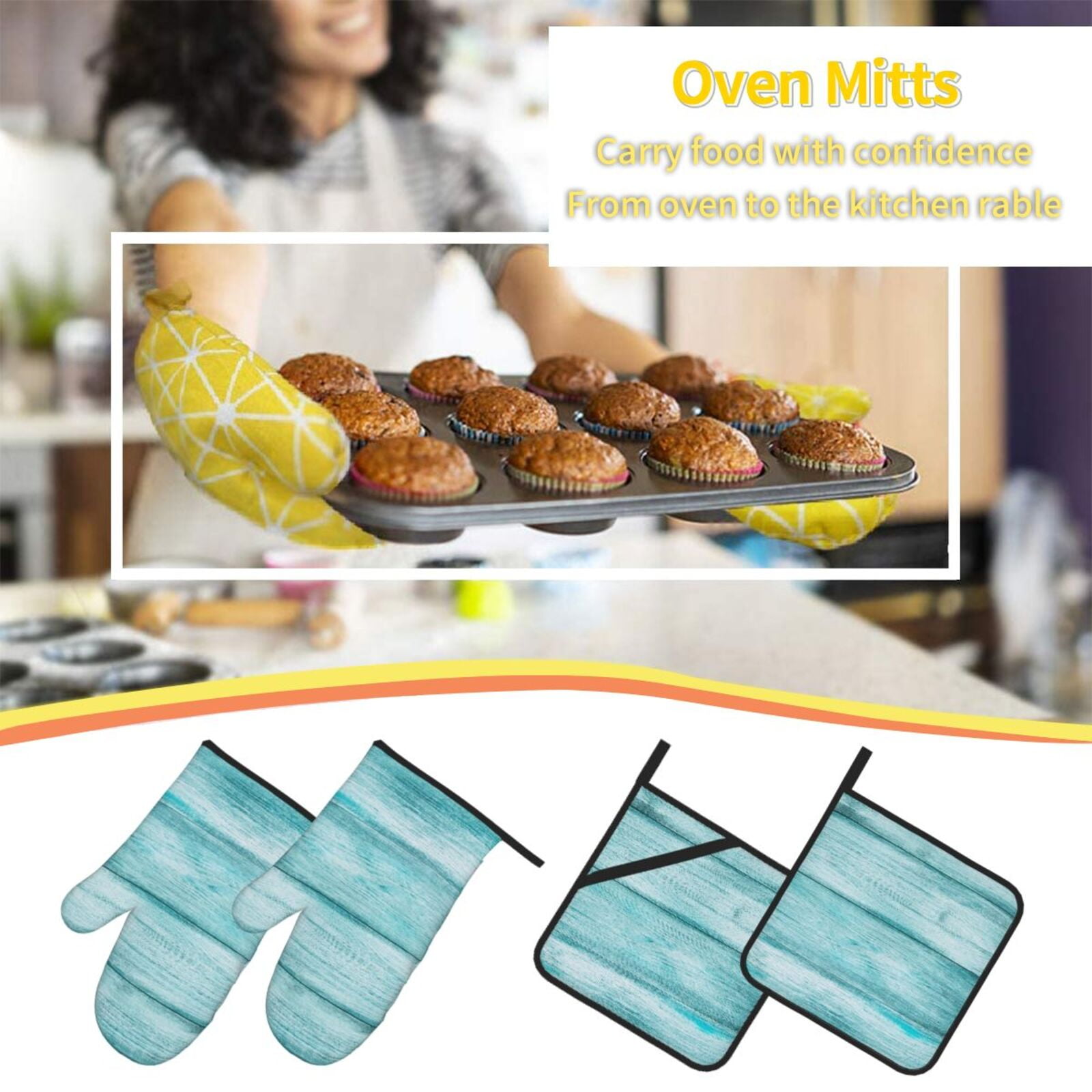Naloa Teal Turquoise Wood Oven Mitts and Pot Holders 4 pcs Set, Cooking Baking Grilling Kitchen Oven Glove for Cooking