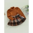 thumbnail image 3 of 3PCS Toddler Girl Skirt Sets Turtleneck Long Sleeve Knit Sweater A Line Mini Flannel Plaid Skirt Fall Winter Outfits (Brown, 12-18 Months), 3 of 7