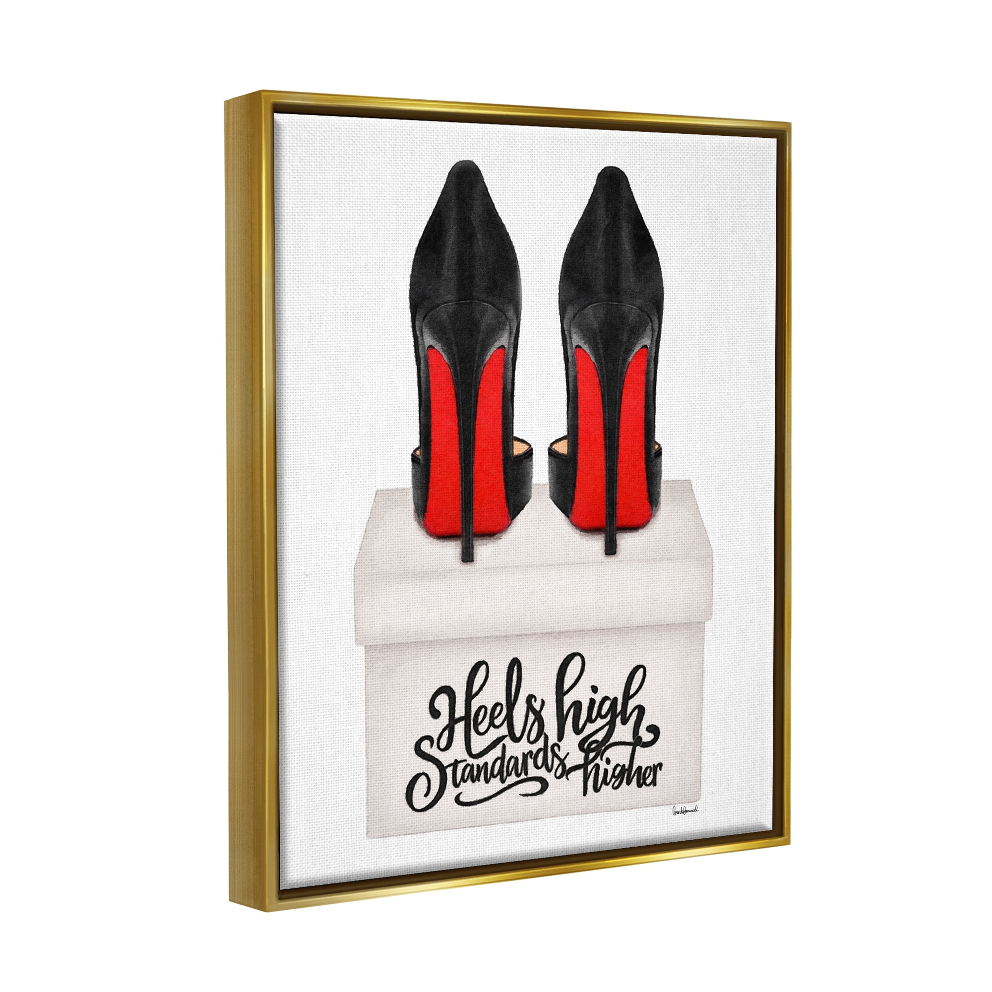 Stupell Industries Heels High Standards Higher Beauty & Fashion Painting Gold Floater Framed Canvas Art Print Wall Art, 25 x 31