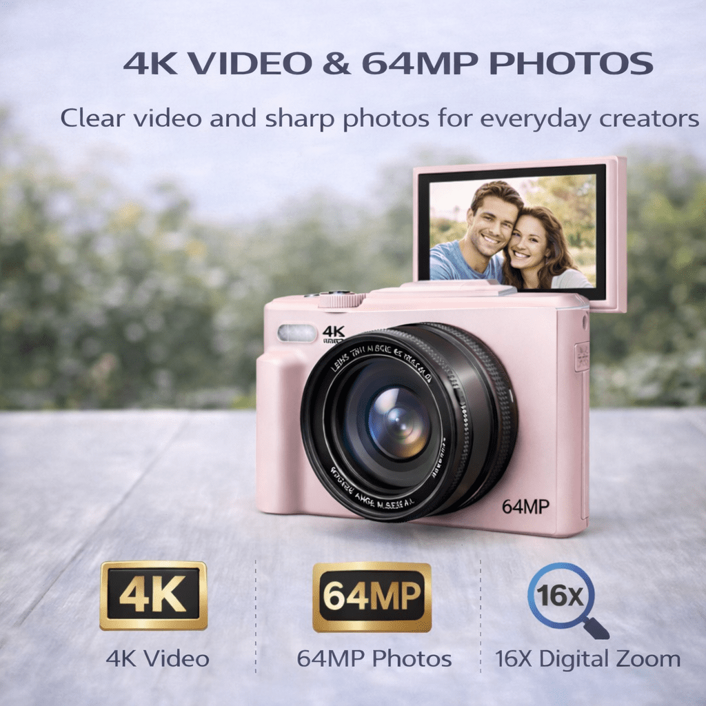Acuvar 4K Digital Camera 64MP Creator Kit with Flip Screen, WiFi, 50" tripod, lens and 64GB card