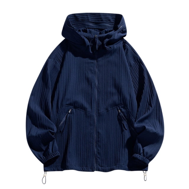 Veste Légère pour Homme à Capuche de Protection Solaire, Fermeture Éclair Complète, Cordon de Serrage, Rayée, Manteau d'Été Respirant pour la Pêche, la Randonnée, la Course Athlétique, Bleu Marine