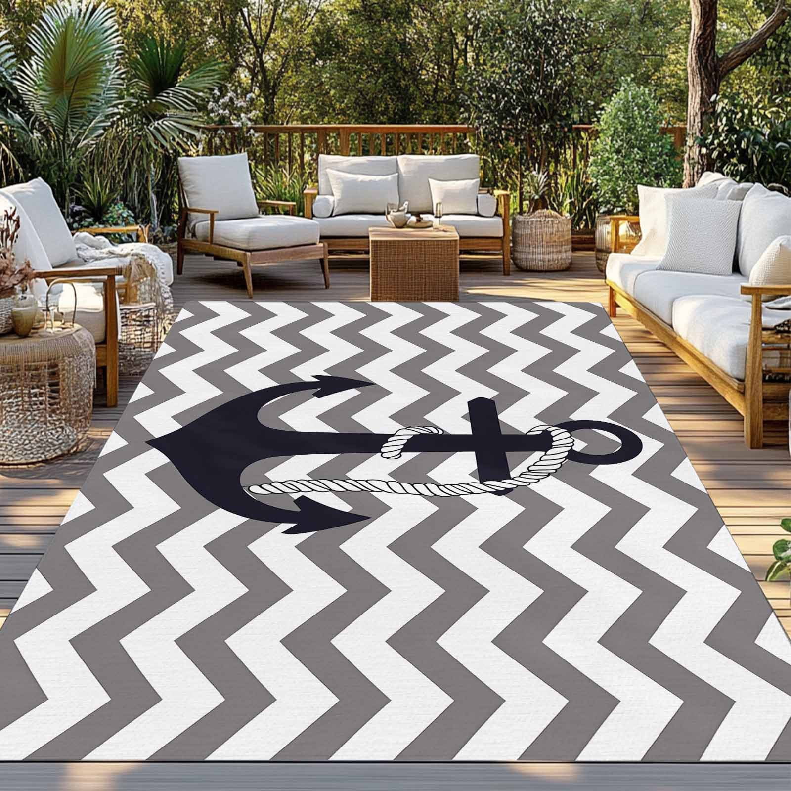 Fsddascl Grey Zigzag Outdoor Rug for Patio/Deck/Porch, Non-Slip Large Area Rug 4 x 6 Ft, Coastal Nautical Anchor Stripes Indoor Outdoor Rugs Washable Area Rugs, Reversible Camping Rug Carpet Runner