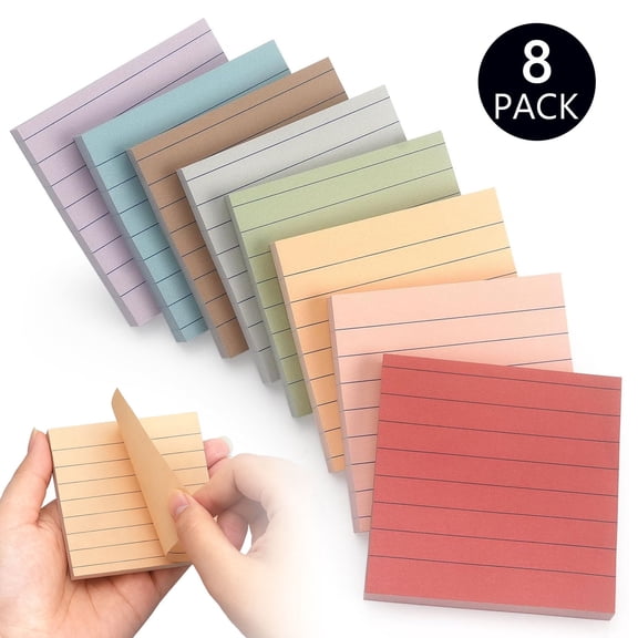 Hengbo 8 Pack 82 Sheets Portable Lined Self Sticky Notes Pad 3 x 3 Inch Adhesive Lined Notes for Study Home Office