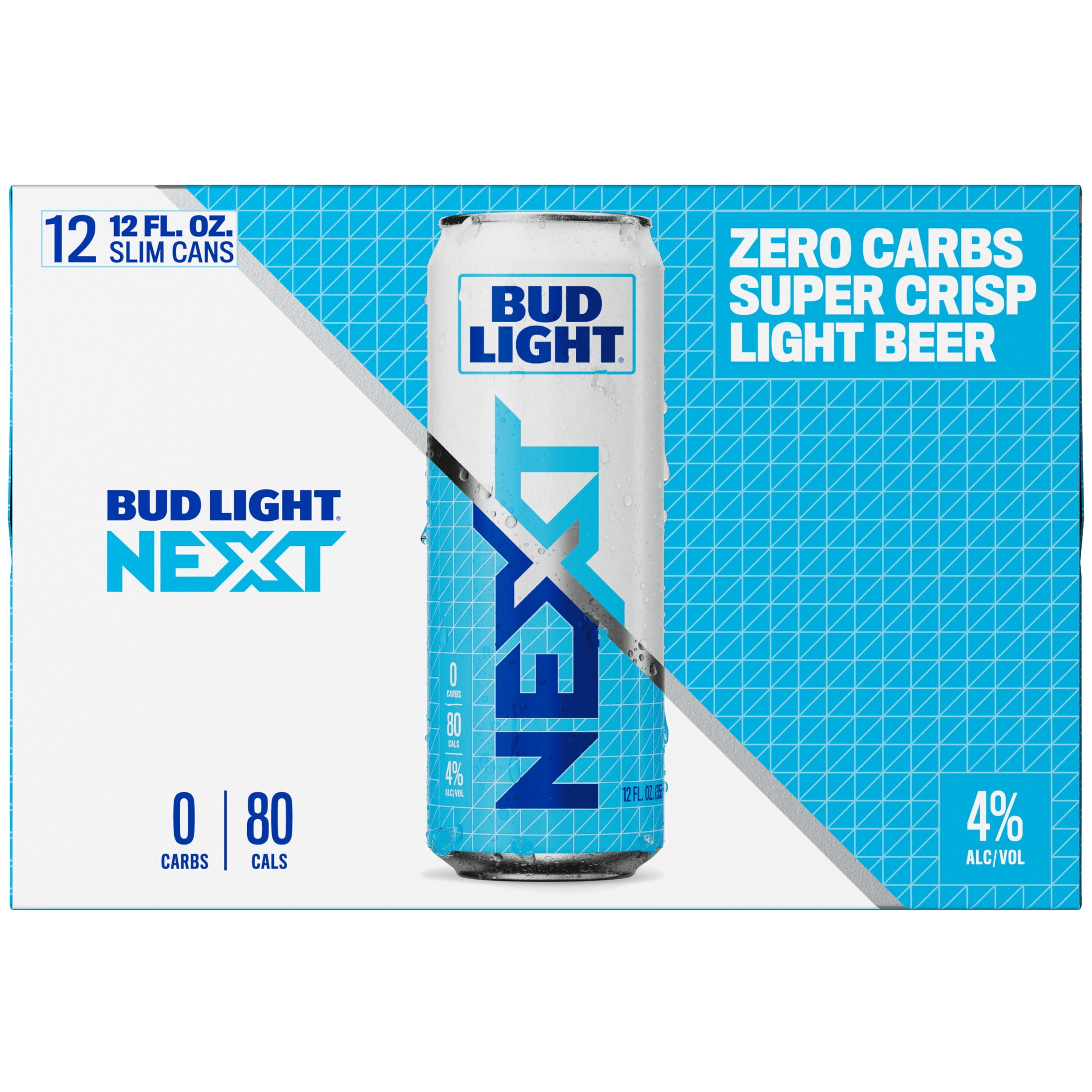 Bud Light NEXT Zero Carb American Lager Beer, 12 Pack, 12 fl oz Aluminum Cans, 4% ABV