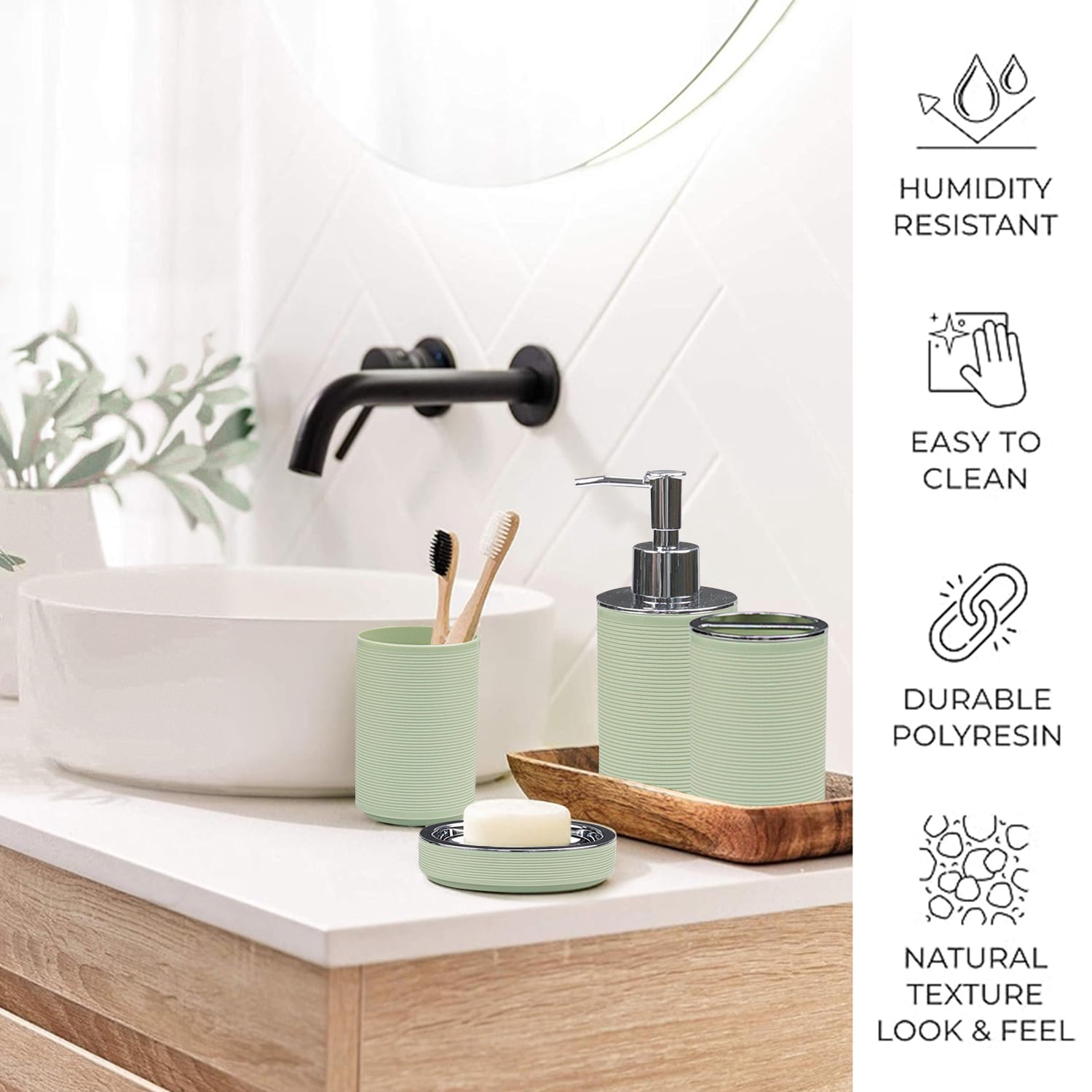CERBIOR Bathroom Accessories Set 6 Pcs Ensemble Complete Soap Dispenser Toothbrush Holder Tumbler Soap Dish Toilet Cleaning Brush Trash Can, Thread Sriral Green