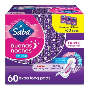 Saba Buenas Noches Overnight Maxi Pads with Wings | Built for Absorption Distribution and Protection | The Ultimate Overnight Feminine Care Pad for Women | 60 Pads (3 Packages, 20 Pads Each)