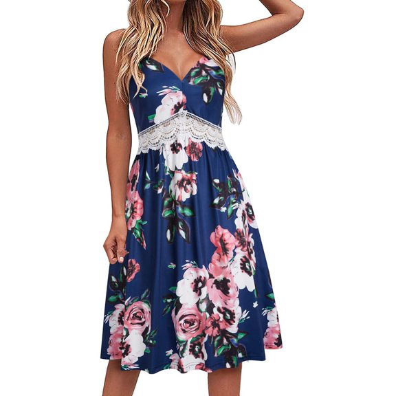 Sundresses for Women Sleeveless Summer Dresses V Neck Spaghetti Straps Solid Leopard Floral Swing Midi Party Dress