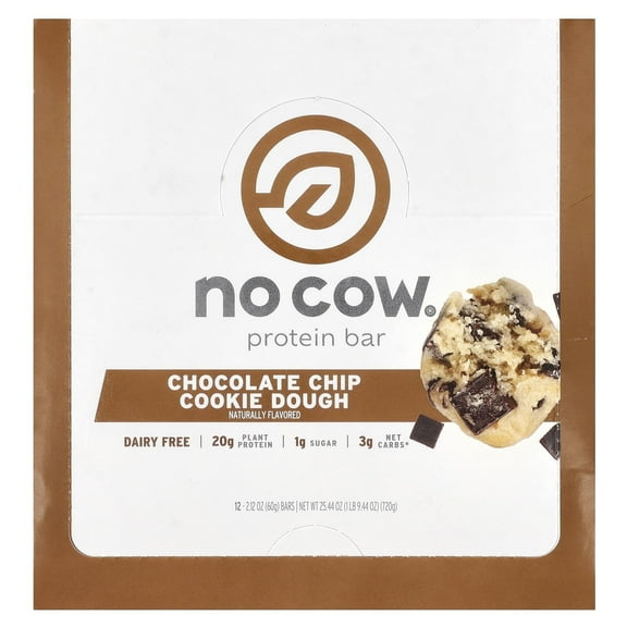 No Cow Vegan Protein Bars, Chocolate Chip Cookie Dough, Box of 12