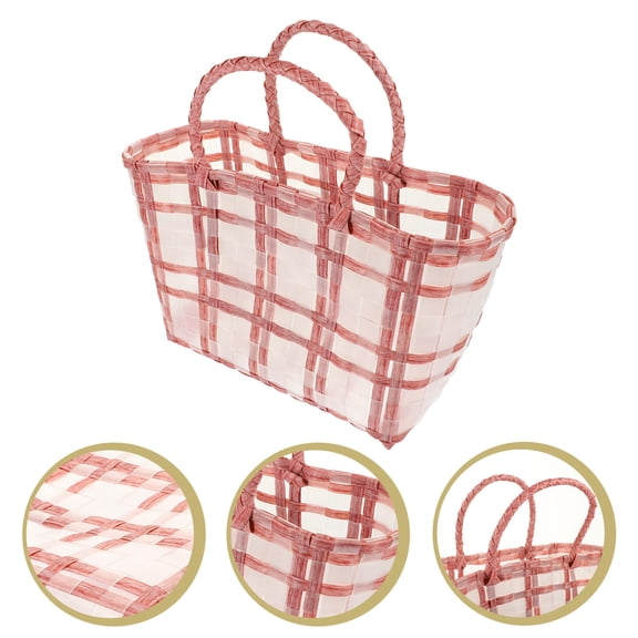 IMIKEYA Handmade Pink Straw Tote Bag Lightweight Woven Purse for Daily Use