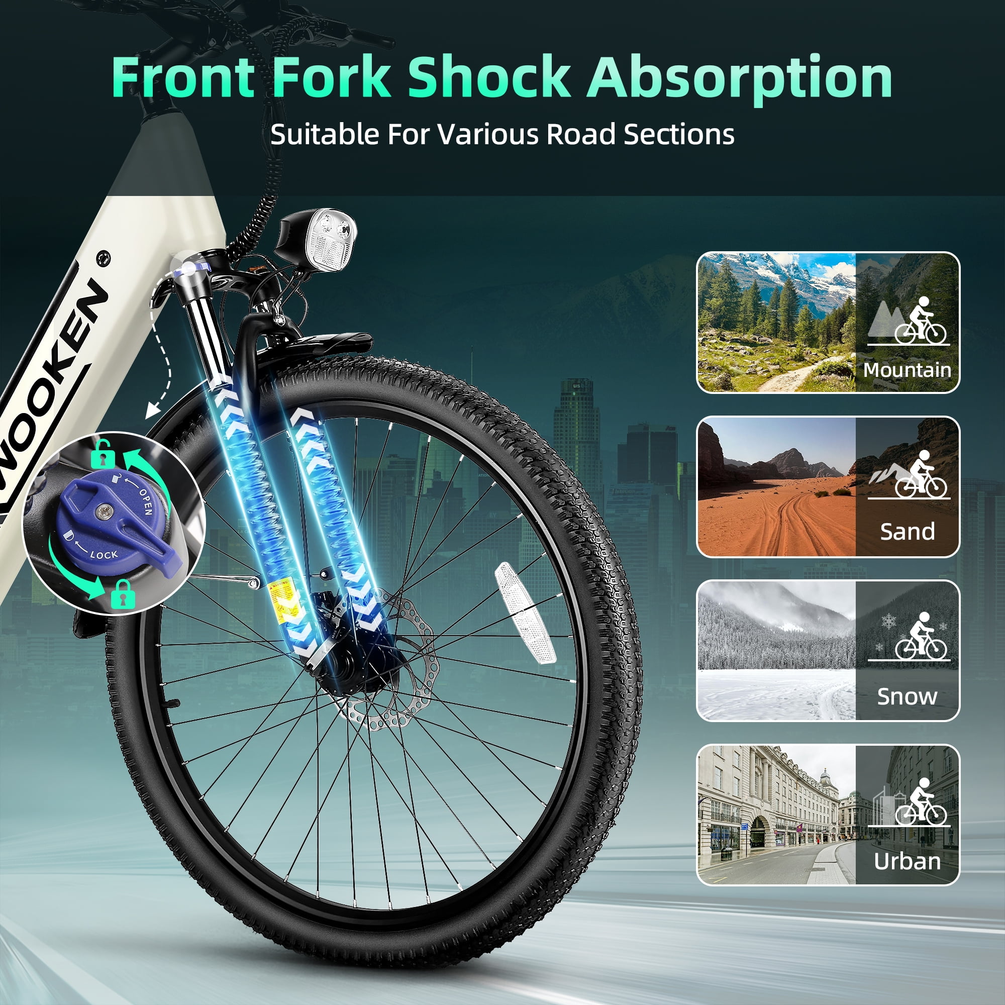 WOOKEN Electric Bike for Adults ,48V 10.4Ah Removable Battery and up to 50Miles 19.8MPH, 26" x 2.1" Electric Commuter Bike with 7-Speed and Front Suspension, UL 2849