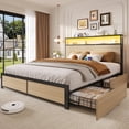 thumbnail image 7 of Bolvdo Rustic Queen Size Bed Frame with LED Lights, Bookcase Headboard & Storage Drawers, Metal Support, No Box Spring Needed, Beige, 7 of 7