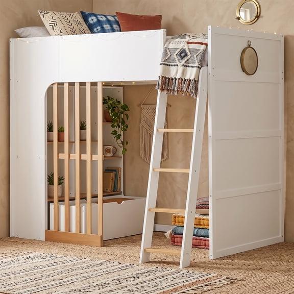 Twin Size Wood Loft Bed with Built-in Shelves and Pull-Out Drawer, Space-Saving Loft Bed with Wooden Guardrail and Ladder for Bedroom, Dorm, Guest Room, White