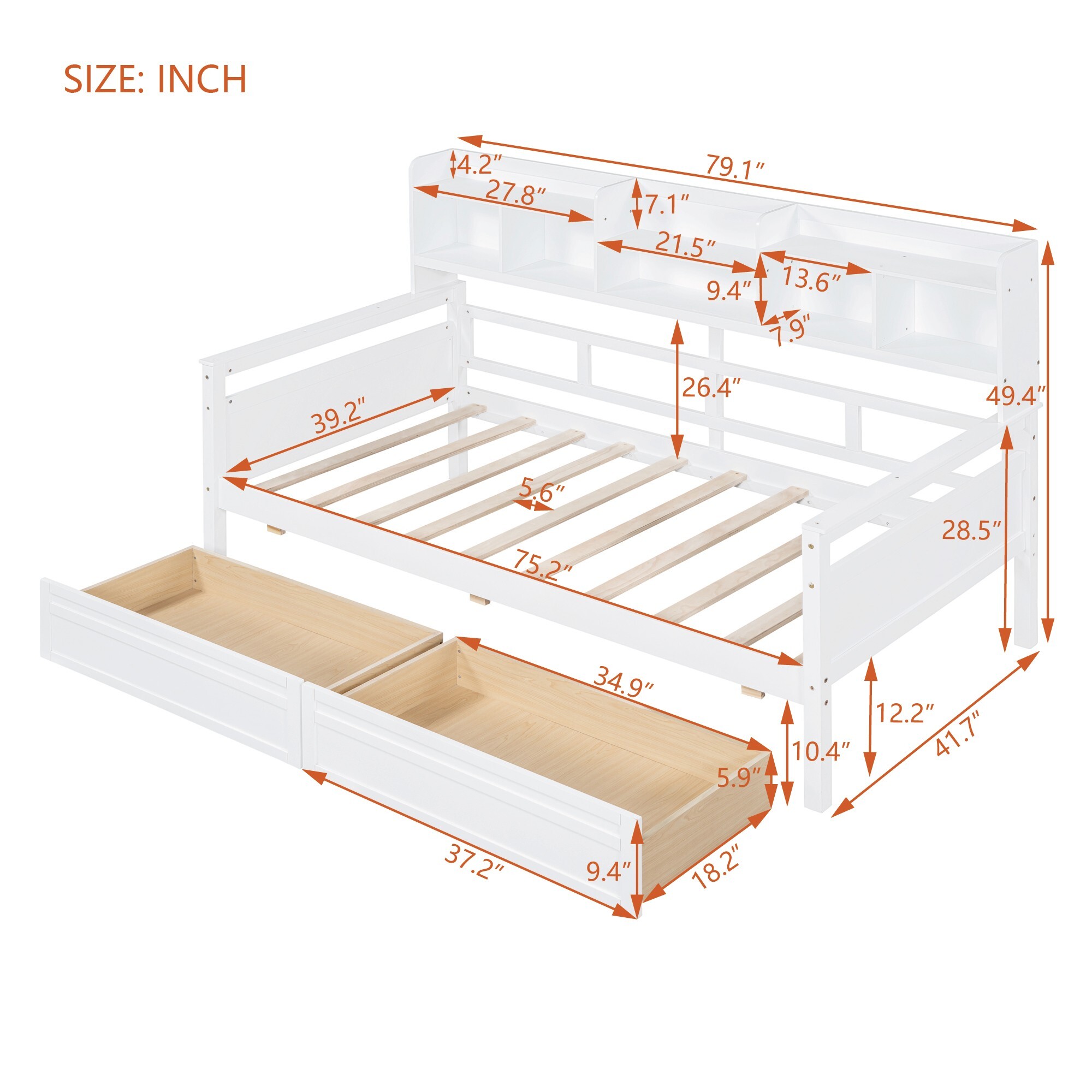 AENKYO Twin Size Wooden Daybed Bed Frame with 2 Storage Drawers and Headboard Shelf, Solid Wood Sofa Bed, White
