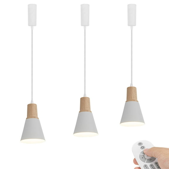KAYYELAMP 3-Pack H-Type Track Mount Remote Dimmable Lighting Wood E26 Base White Mini Metal Shade 3.2Ft Adjusted Cord Vintage Pendant Light for Kitchen Dining Table Loft(No Track)