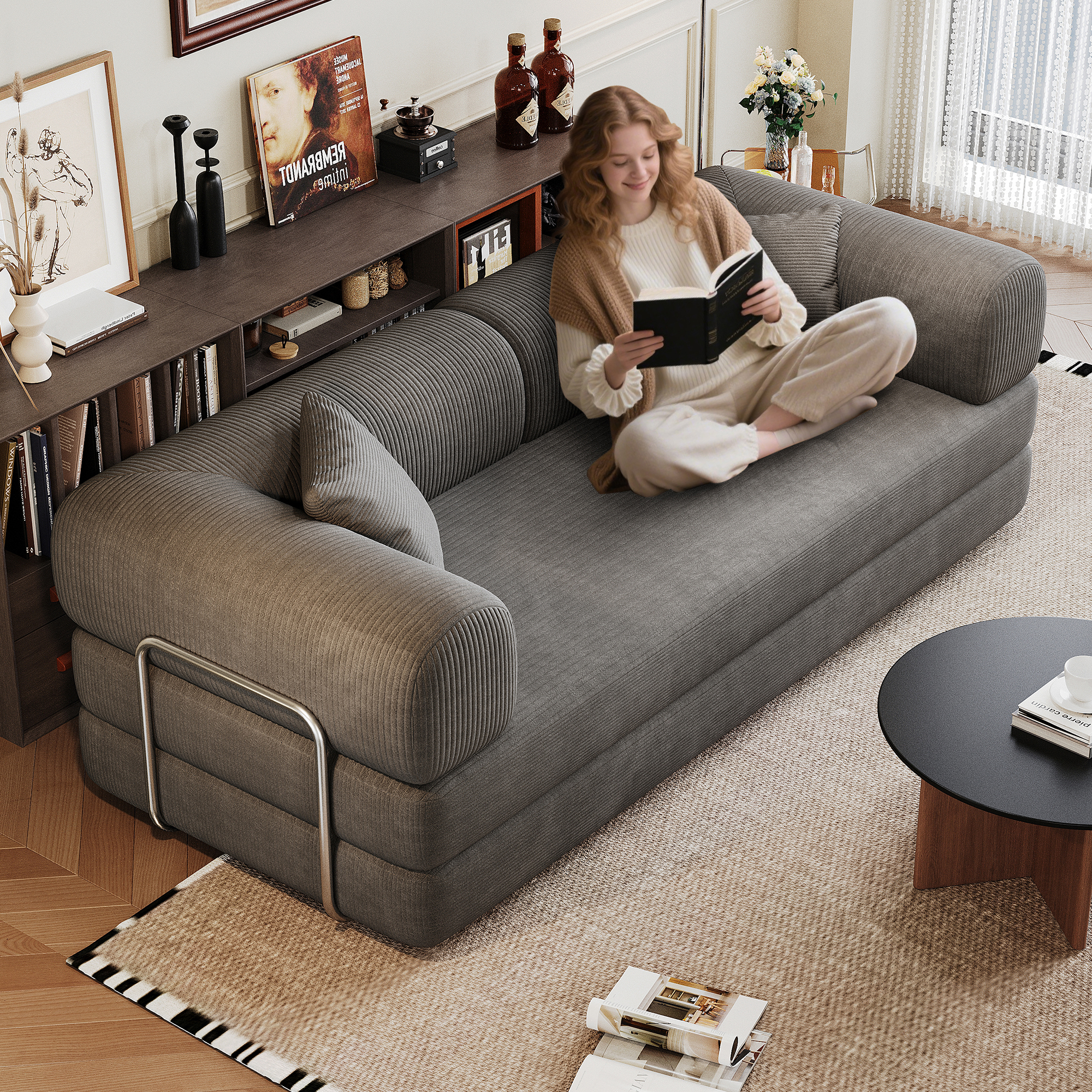 78.8 Inch Compression Sofa Convertible Floor Sofa Bed with Pillow Back Support Grey Corduroy Boneless Modular Sectional for Living Room Bedroom