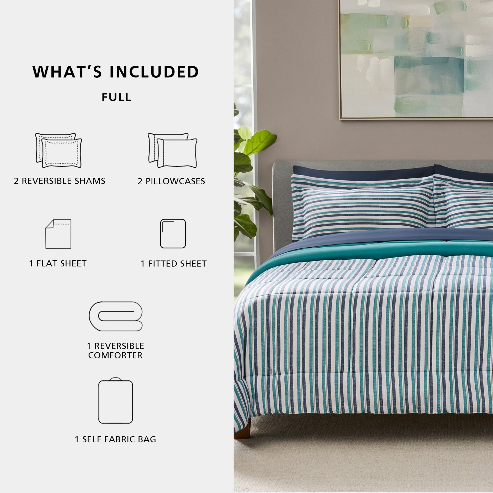 Mainstays All in One Reversible Comforter and Sheet set- 7 Piece, Full, Blue Pinstripe