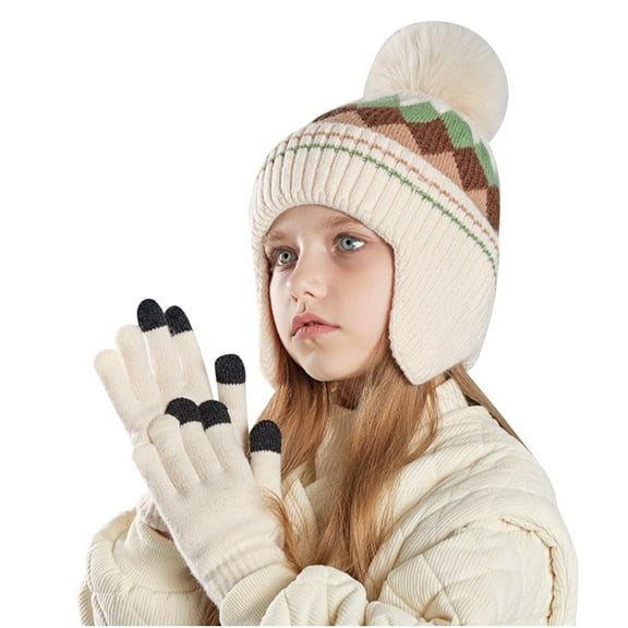 SGFCWSX Kids Cold Weather Hat Scarf Gloves Set Boys and Girls Fleece Lined Knit Glove for Snow Play Child Beanie Caps with Ear Flaps 3 Piece Sets Beige Size 4-10 Years