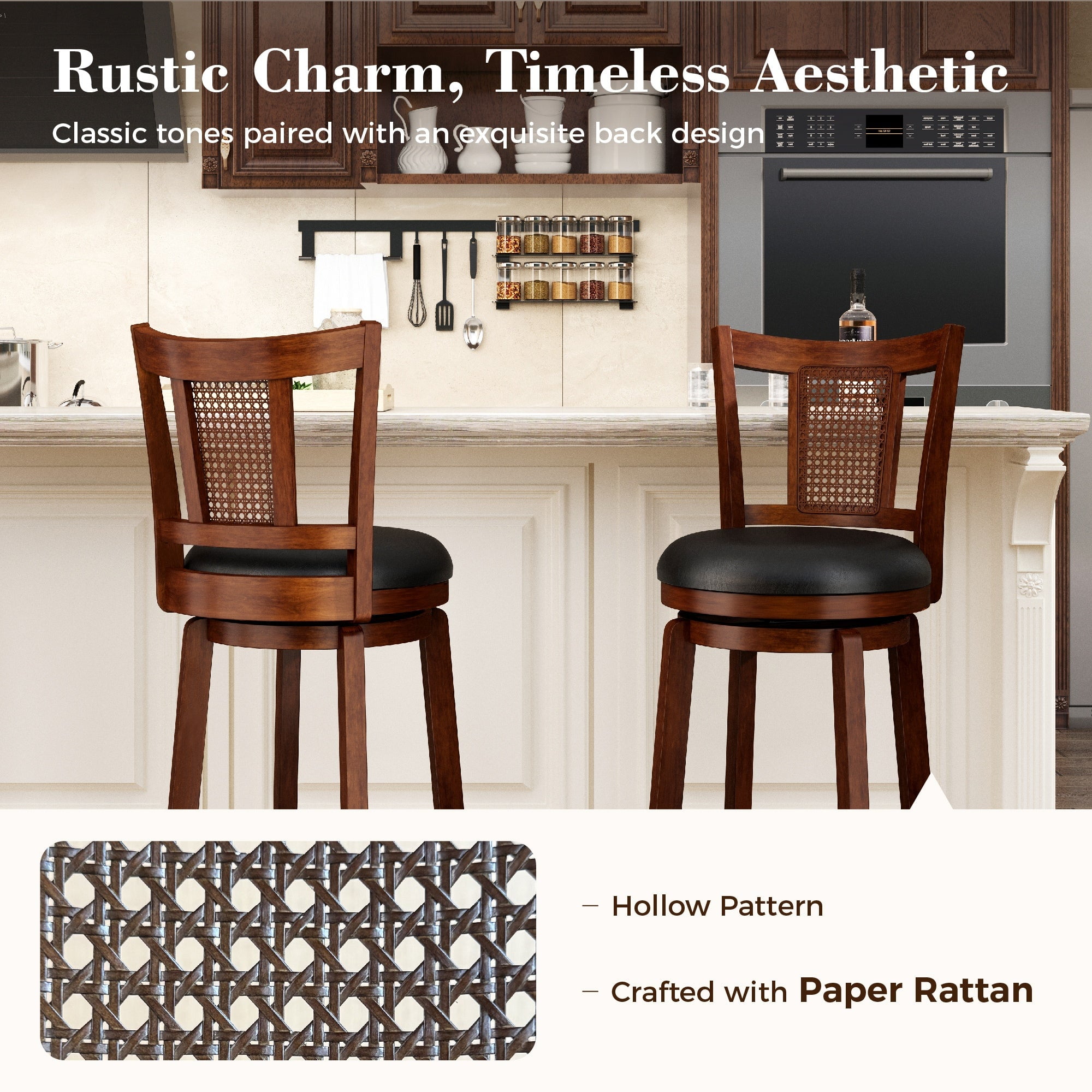 SUMMIT LIVING Wood Swivel Bar Stool Set of 2, Bar Height Kitchen Stool with Back, 30 inch Upholstered Pub Chair, Dark Brown
