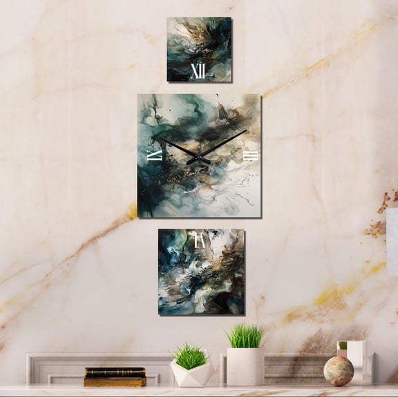 Designart "Inner Worlds of Marble Green and Black III" Geometric Oversized Wall Clock - Set Of 3 - Multipanel Clock For Living Room Décor - Large Contemporary Wall Clock