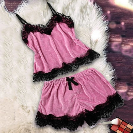 

UDAXB Lingerie New Women Sexy Lingerie Camisole Bow Shorts V-Neck Tops Velvet Pajamas Sleepwear