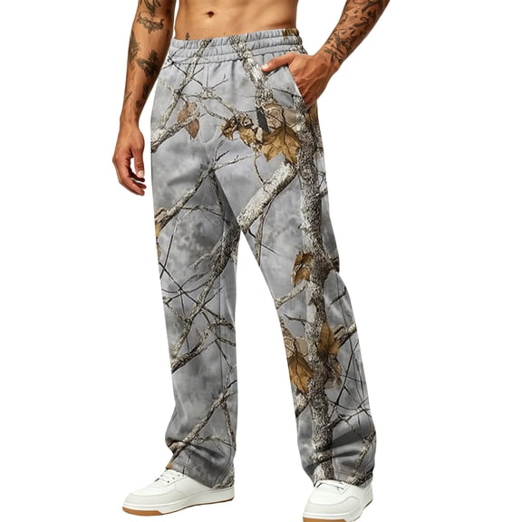 Havenx Men's Camo Baggy Sweatpants Wide Leg Dry Leaf Print Elastic Waist Sweatpants with Pockets Open Bottom Camouflage Bottoms Athletic Jogger Workout Casual Fashion Clothing,Earthy Yellow 2XL