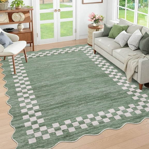 Geetinfly 5inx7in Scalloped Area Rug Geometric Checkered Bordered Indoor Rugs Washable Rug Stain-Resistant Low Pile Carpet for Living Room Bedroom Home Decor Green