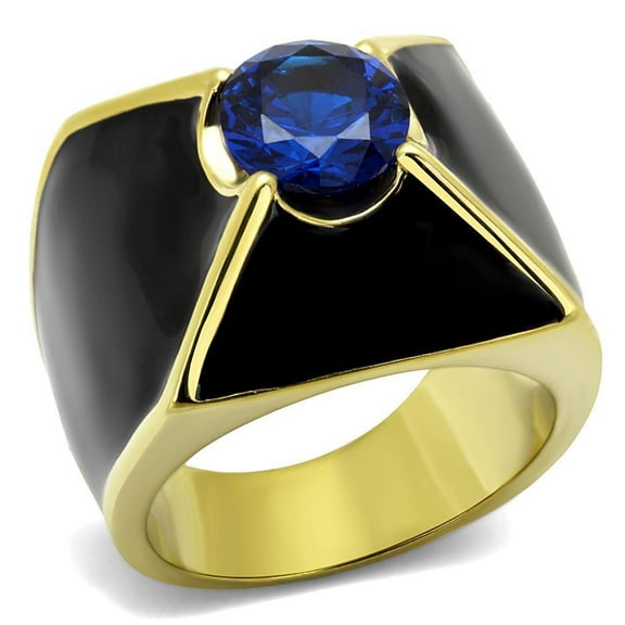 Mens Ring Blue Gold Black Round Cut Pyramid Stainless Steel Ring with AAA Grade CZ in London Blue