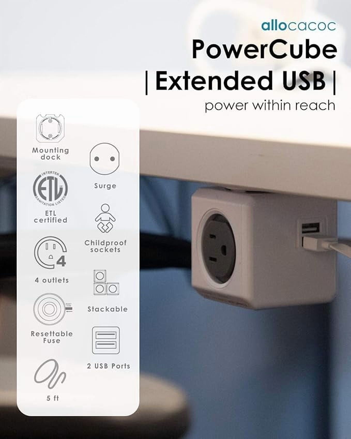 Allocacoc PowerCube Extended USB Surge Protector Charging Station, 4 Outlets 2 USB 5ft Cord w/ Mounting Dock, Space-Saving Power Strip Cube, No Block Design for Home Dorm Office Gift (Blue)
