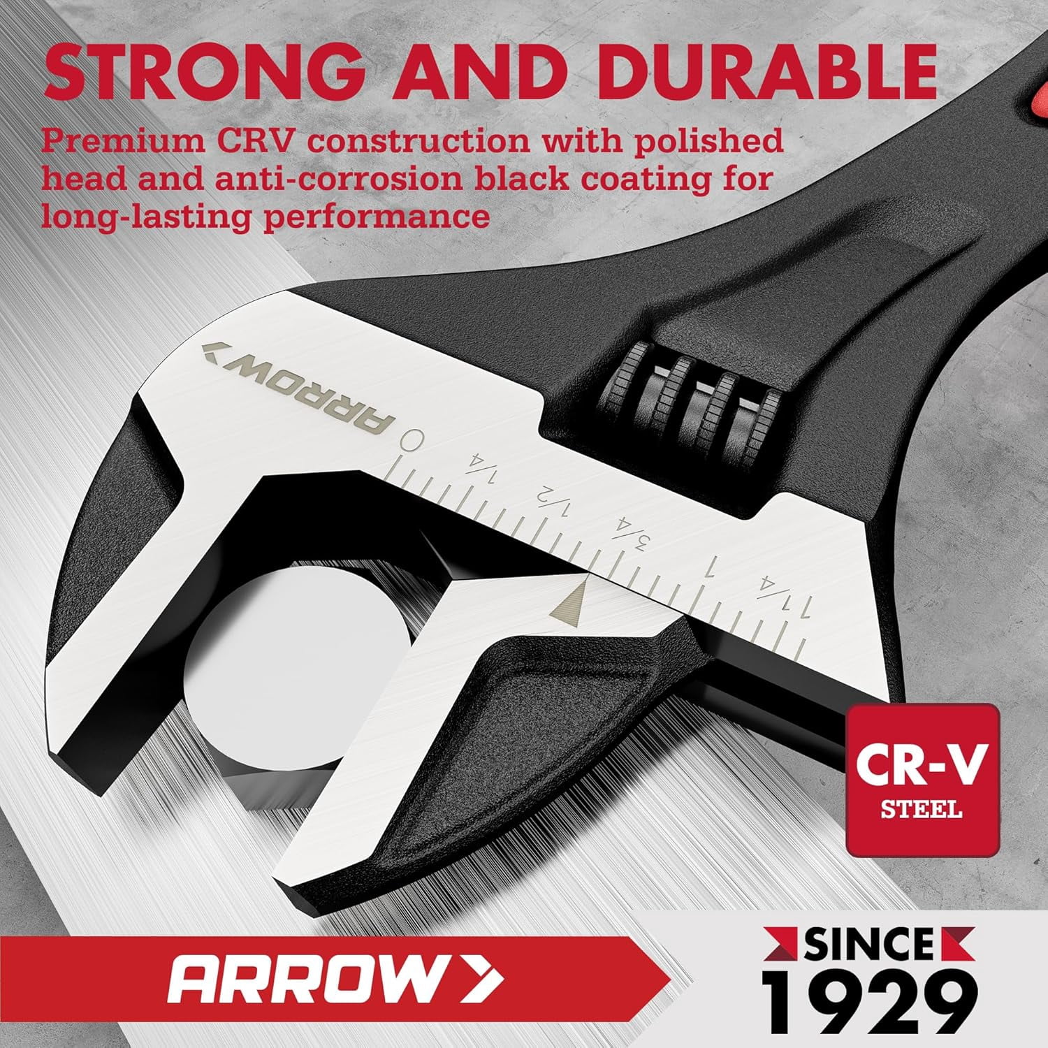 ARROW 2 PCS Adjustable Wrench Set, 8-Inch & 10-Inch , Cr-V Steel, Wide Jaw Black Oxide Wrench with Inch/Metric Laser Scales, Non-Slip Grip & Hanging Hole, for Home, Garage, Workshop and DIY