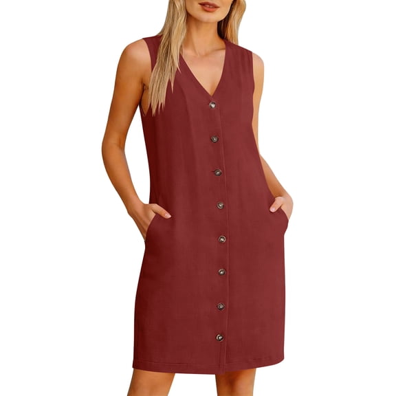 LIaqionyy Cotton Linen Dresses for Women Summer Casual Sleeveless Button down V Neck Dress Sundress with Pocket