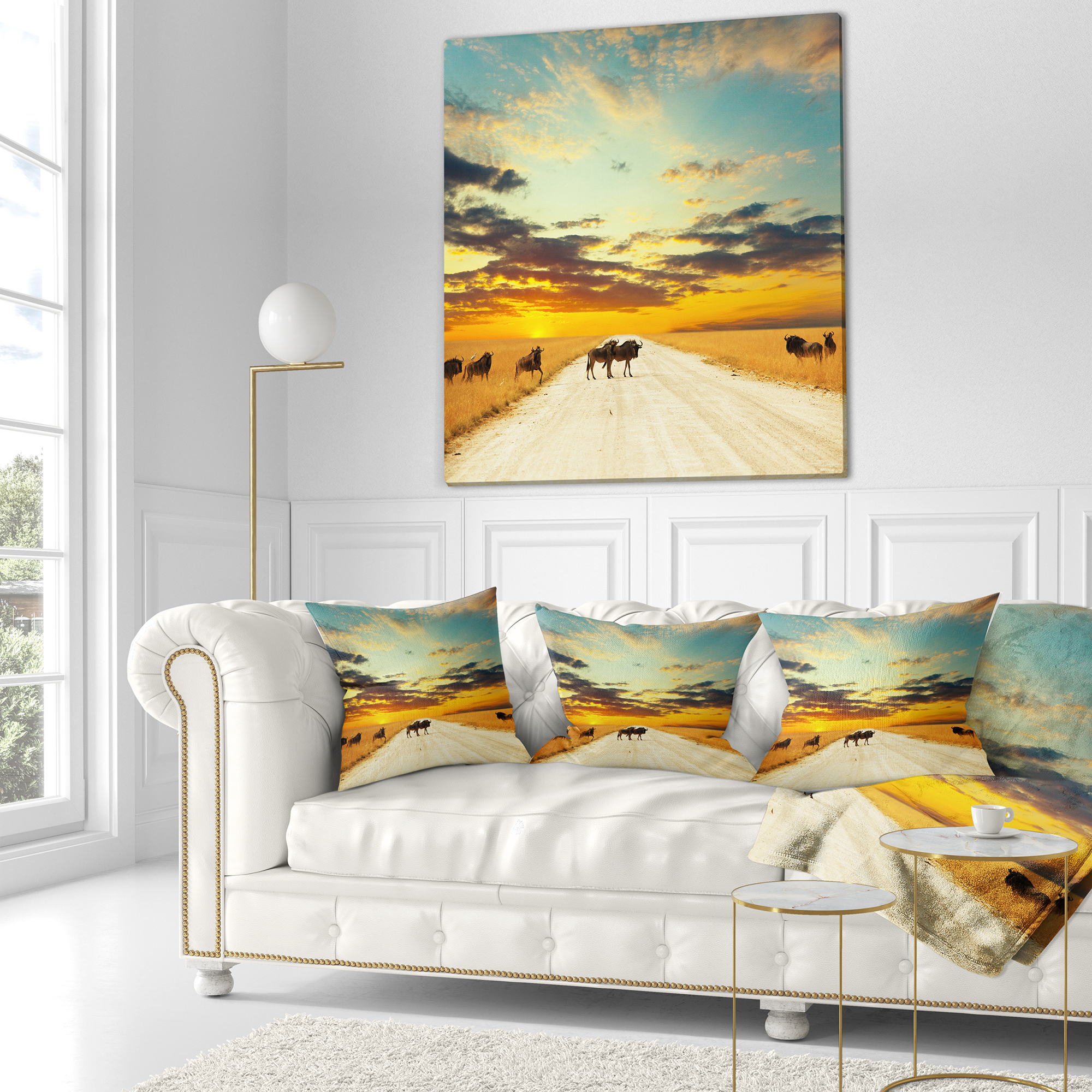 Designart Wildebeests Crossing Path in Evening - African Landscape Printed Throw Pillow - 16x16