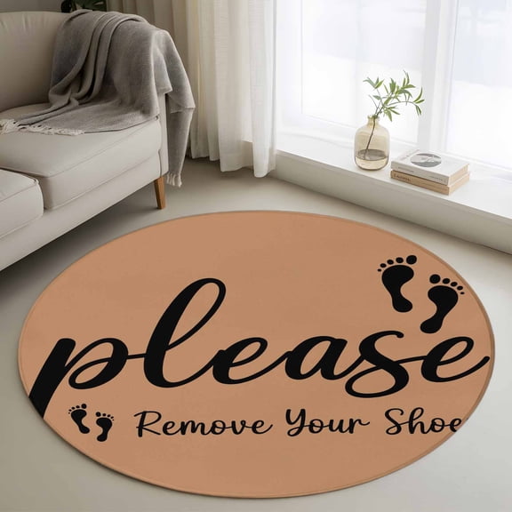 4ft Round Rug, Footprint Non-Skid Rubber Backing Large Area Rugs - Living Room Bedroom Home Office, Vintage Brown Black Please Remove Your Shoes Indoor Floor Mat Carpets Washable Rug